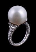 A South Sea cultured pearl and diamond ring, the South Sea cultured pearl, measuring approximately