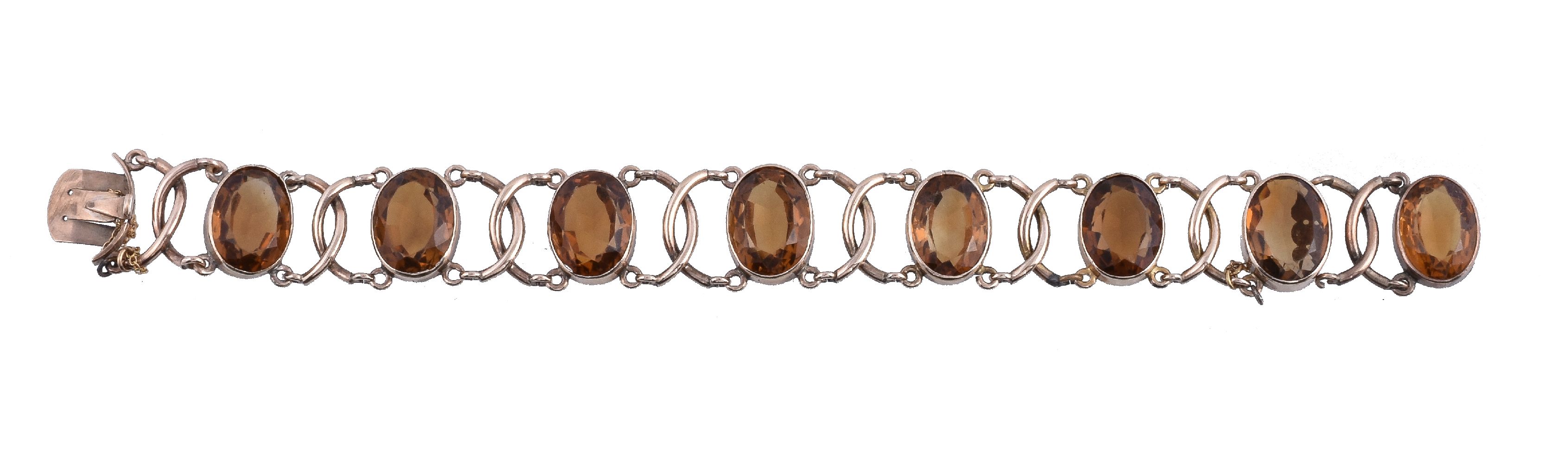 A citrine bracelet, the oval cut citrines in collet settings, with interlocking polished C shaped