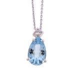 An aquamarine and diamond pendant, the pear cut aquamarine claw set below a brilliant cut diamond,