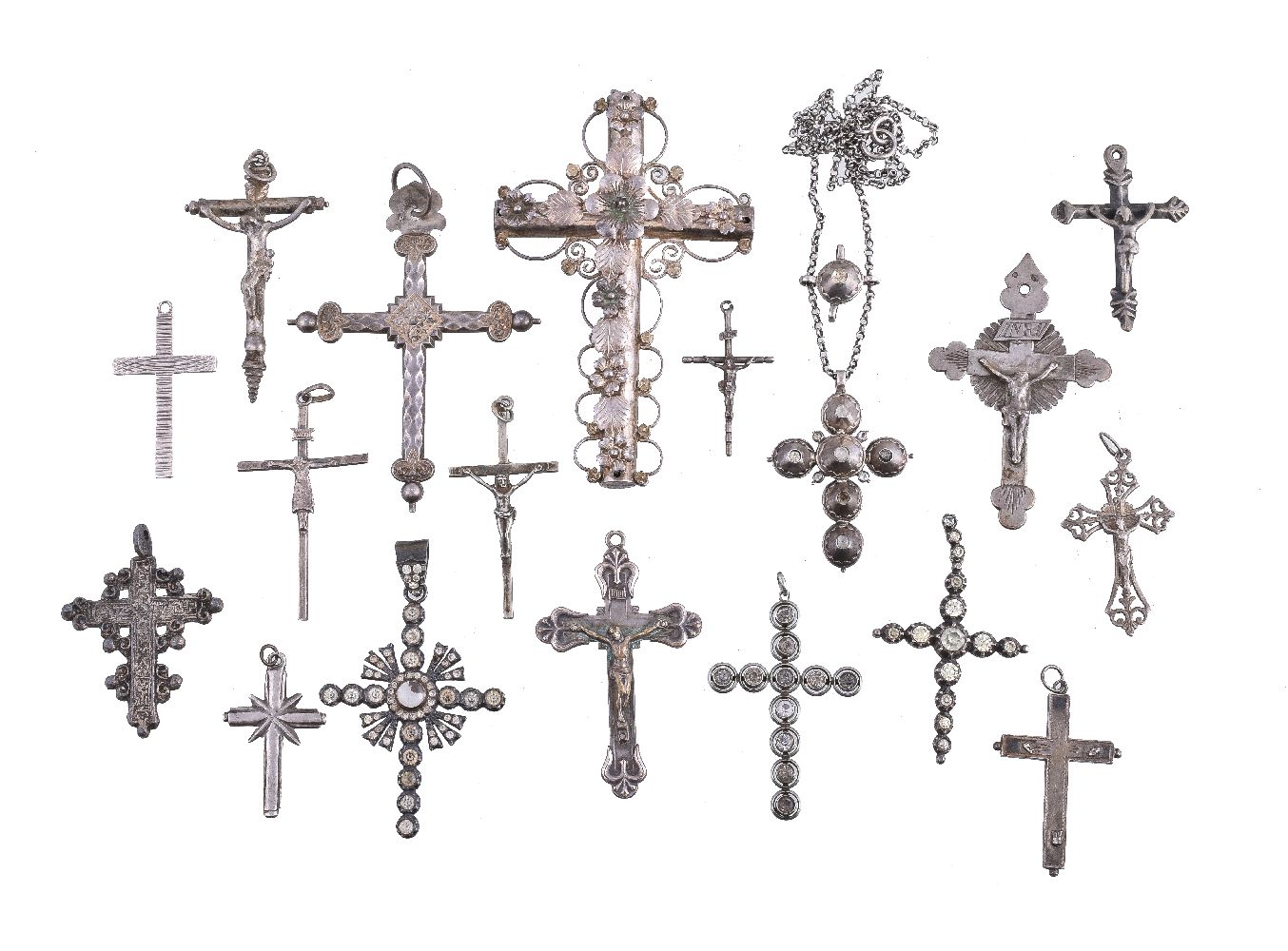 A group of antique and later silver cross pendants and crucifix pendants, various sizes