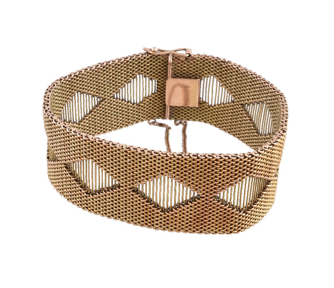 A mid 20th century gold coloured broad bracelet, the woven link bracelet with lozenge shaped