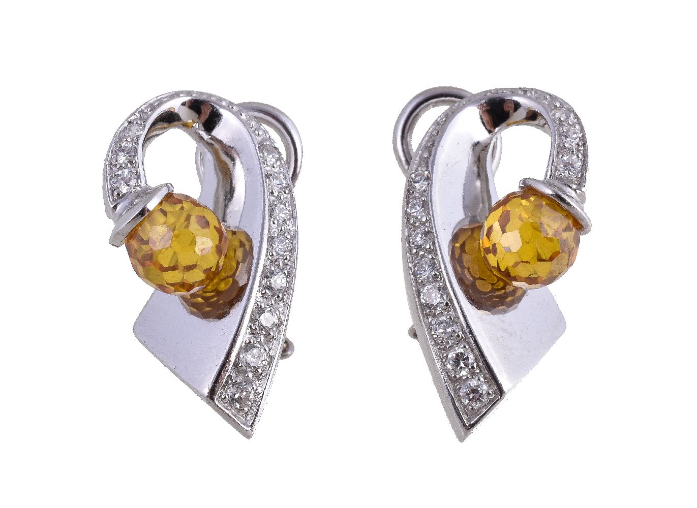 A pair of yellow stone and diamond earrings, the facetted yellow stones in a twisted setting, set