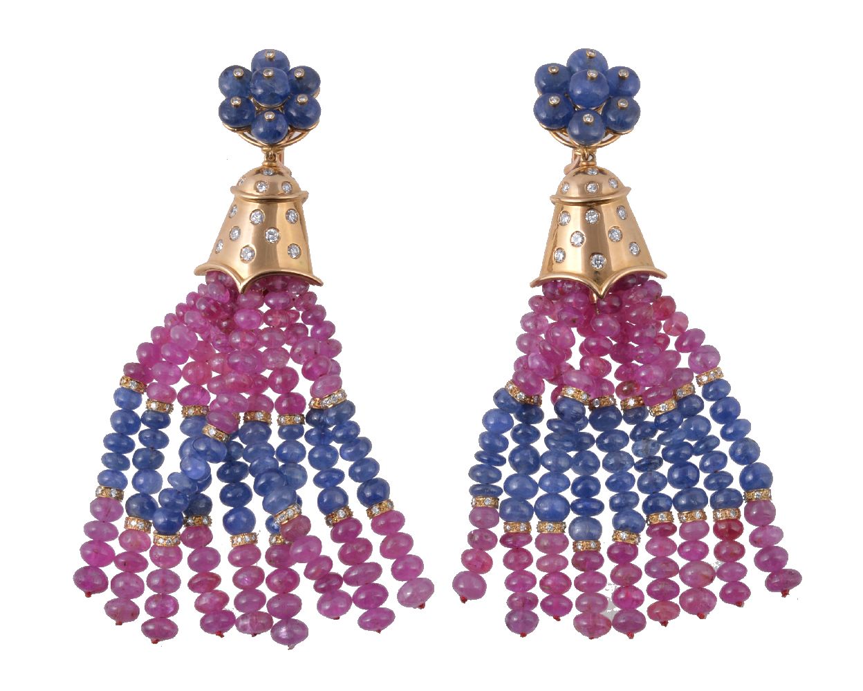 A pair of ruby, sapphire and diamond earrings, the fringe of polished ruby and sapphire beads
