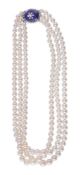 A three strand graduated cultured pearl necklace, composed of 5.8mm to 9.3mm cultured pearls, to a