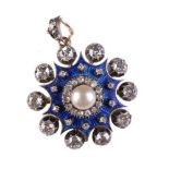 A Victorian diamond, pearl and enamel pendant brooch, circa 1890, the central pearl within a