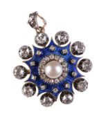 A Victorian diamond, pearl and enamel pendant brooch, circa 1890, the central pearl within a