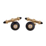 A pair of 18 carat gold, onyx and diamond cufflinks by Deakin & Francis, the circular onyx panels