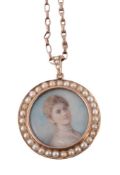 An early 20th century half pearl and painted miniature pendant, circa 1900, the circular panel