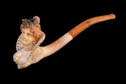 A meerschaum cheroot pipe, circa 1900, carved as a lady's head with a upturned lace collar, with