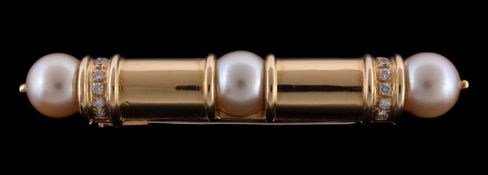 A cultured pearl and diamond brooch by Ansuini, the baton shaped brooch centrally set with a