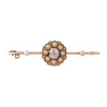 A late Victorian diamond and half pearl cluster bar brooch, circa 1890, the flower head cluster with