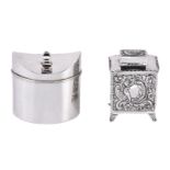 Two silver tea caddies, the first Edwardian straight sided navette shape by Stokes & Ireland Ltd,