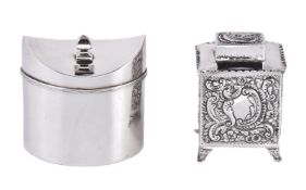 Two silver tea caddies, the first Edwardian straight sided navette shape by Stokes & Ireland Ltd,