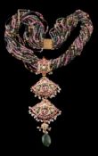 A multi strand vari coloured tourmaline necklace and multi gem set pendant, the pendant set with