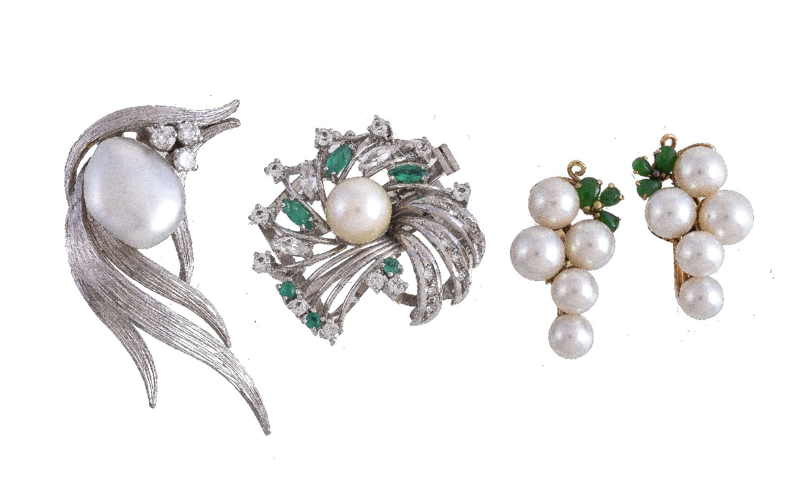 A pair of cultured pearl earrings, set with a cluster of cultured pearls, with green stone