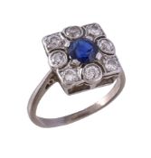 An Art Deco diamond and synthetic sapphire panel ring, circa 1930, the old brilliant cut diamonds