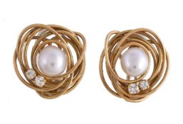 A pair of 18 carat gold cultured pearl and diamond earrings, of nest design, each centred with a