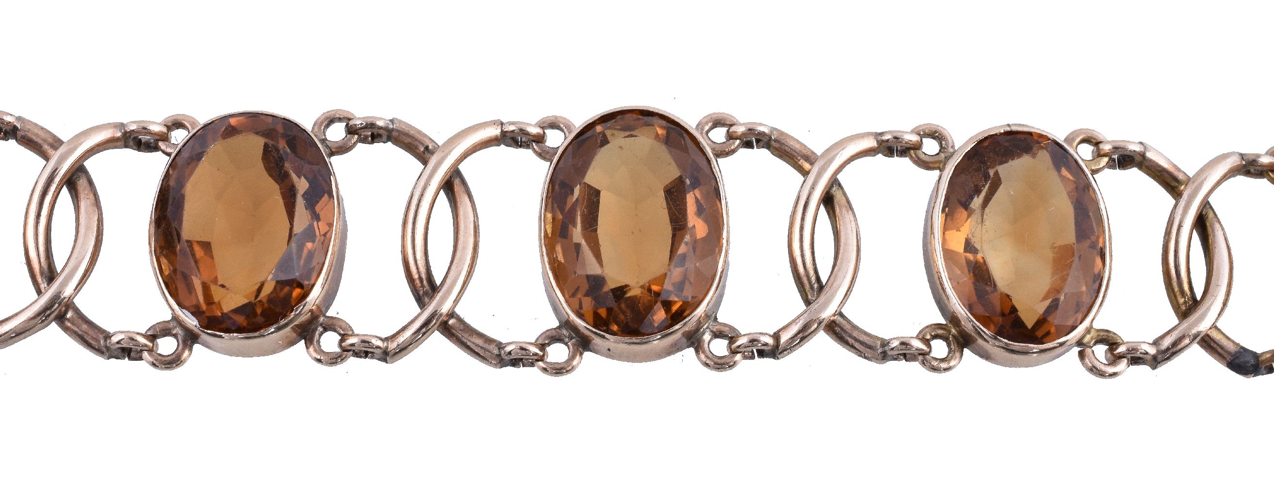 A citrine bracelet, the oval cut citrines in collet settings, with interlocking polished C shaped - Image 2 of 2