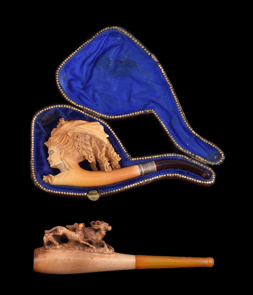 Two meerschaum cheroot pipes, each circa 1900, the first carved as a lady's head, the second with - Image 2 of 3