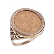 A sovereign dress ring, the 1894 sovereign in a 9 carat gold pierced lattice setting, 11.4g gross,