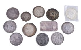 Spain, 19th century Crownsize silver coins (6), sundry other silver (6). Varied state (Lot)