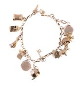 A 9 carat gold charm bracelet, the belcher links with various charms, including: a teapot; a dog;