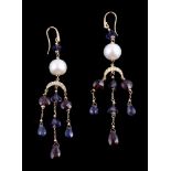 A pair of cultured pearl and gem set earrings, the 10mm cultured pearl suspending a crescent set