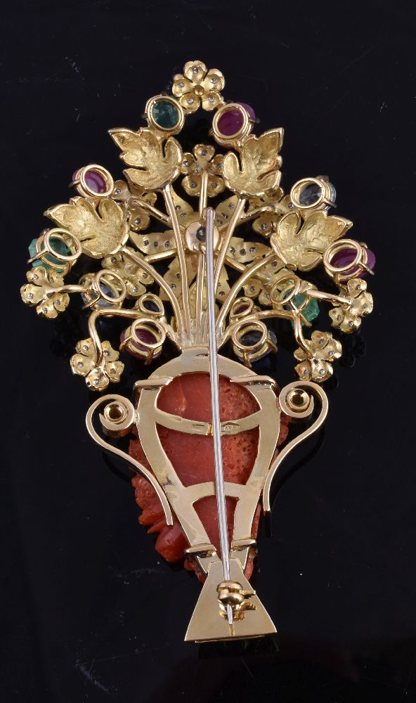 ϒ An Italian multi gem set giardinetto brooch, designed as a foliate spray, the carved coral flower - Image 2 of 2