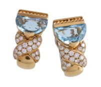 A pair of Italian blue topaz and diamond earrings, the half moon shaped blue topaz below a ropetwist