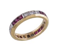An 18 carat gold ruby and diamond eternity ring, set with alternating square cut rubies and