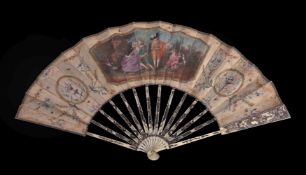 A bone fan, late 18th century, the bone and sticks pierced and painted, the gauze leaf painted