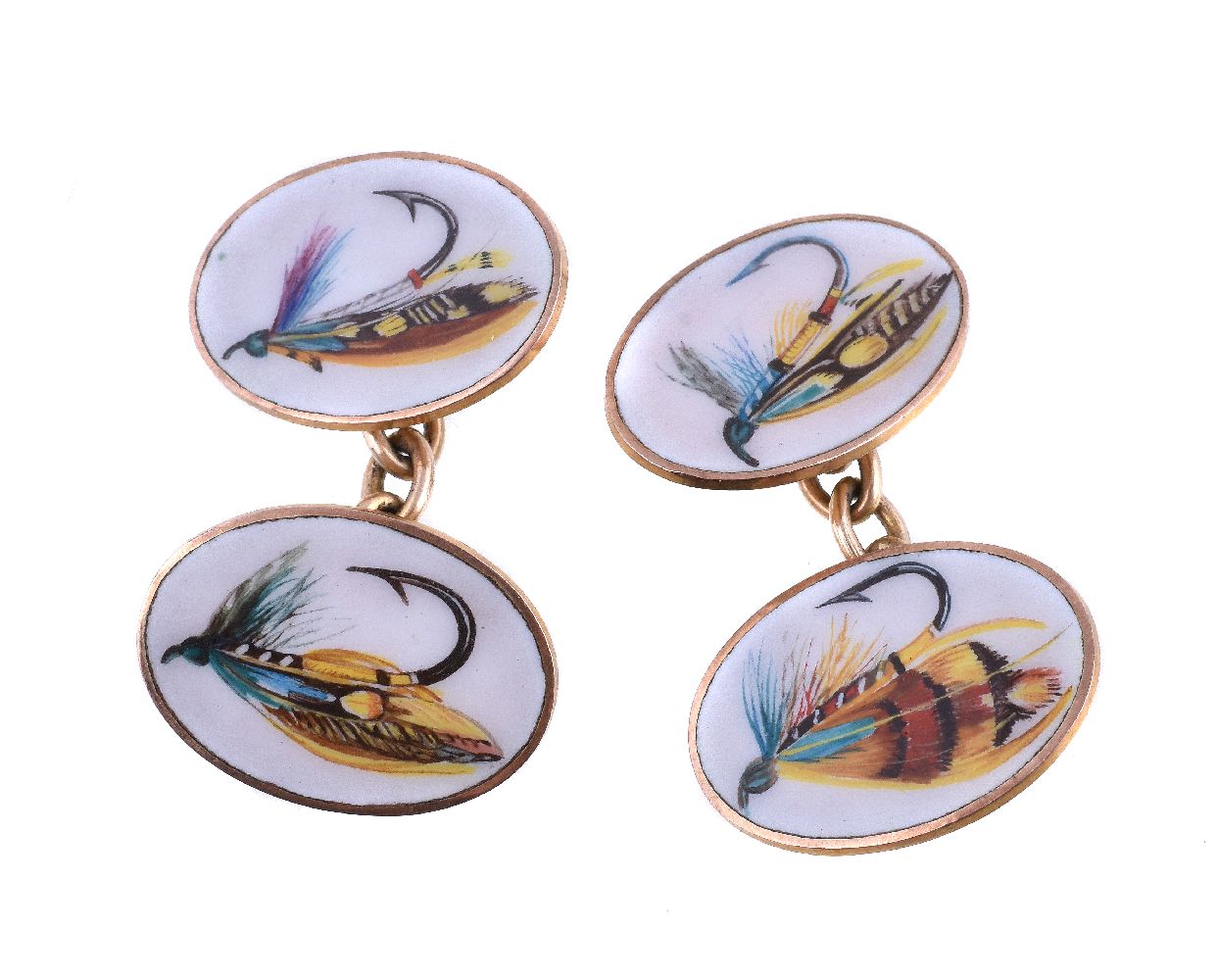 A pair of gold coloured salmon fly enamel double sided cufflinks, the oval panels each with an