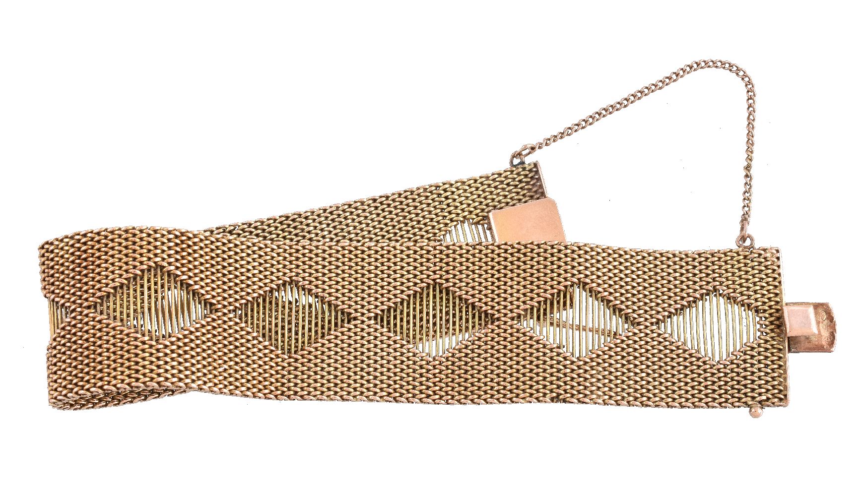 A mid 20th century gold coloured broad bracelet, the woven link bracelet with lozenge shaped - Image 2 of 2