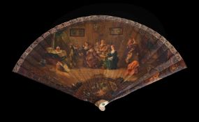 ϒ An ivory brisé fan, 19th century, painted with An Allegory of the Five Senses after David Teniers