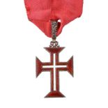 Portugal, Order of Christ neck badge, red and white enamel cross with suspender and ribbon. About as