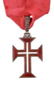Portugal, Order of Christ neck badge, red and white enamel cross with suspender and ribbon. About as