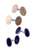 A pair of mid 20th century enamel cufflinks, the oval blue enamel panels with a white enamel border,