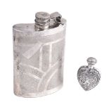 A silver coloured curved rectangular spirit flask, stamped St Silver only, late 20th century, with a