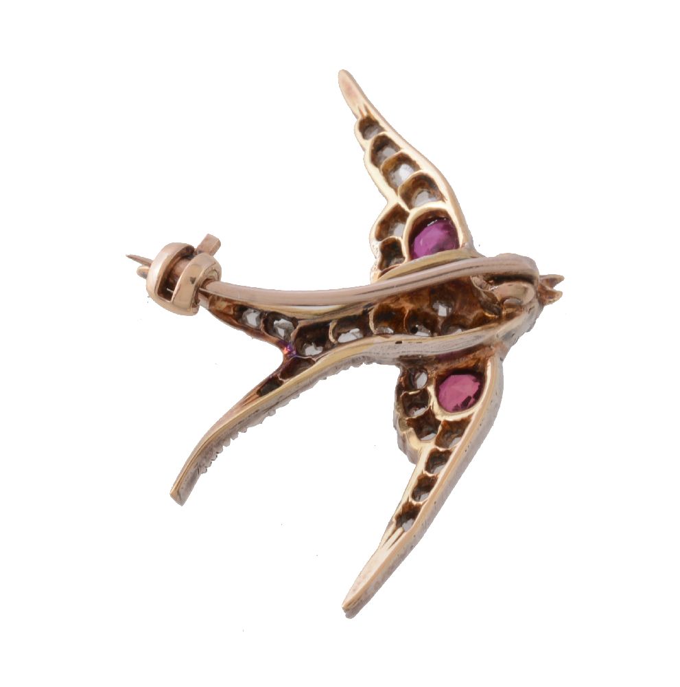 A late Victorian diamond, ruby and sapphire swallow brooch, circa 1890, set with rose cut diamonds - Image 2 of 2