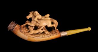 A meerschaum cheroot pipe, circa 1900, carved with Mazeppa's last ride, the gilt ferrule inscribed