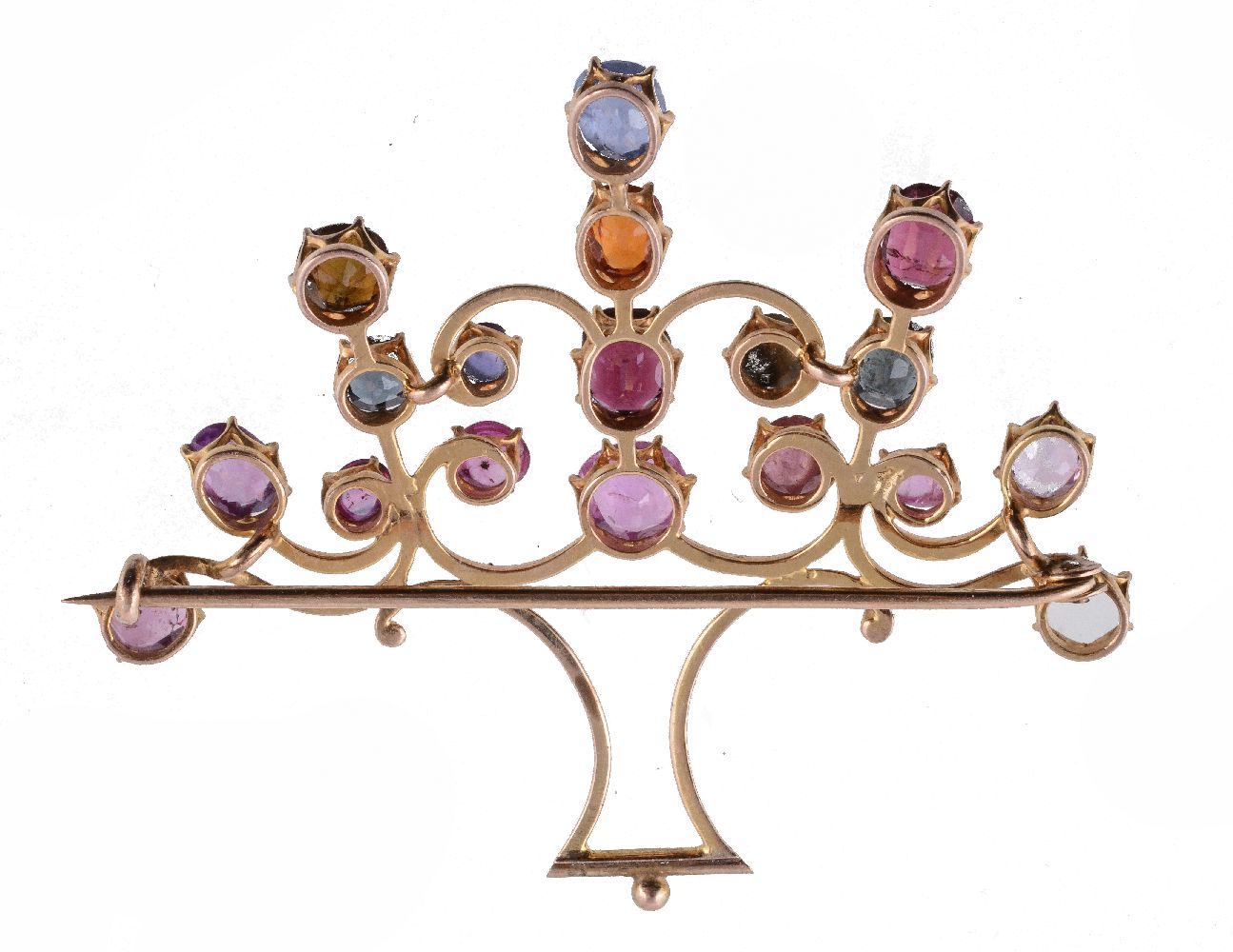 A multi gem set giardinetto brooch, set with vari cut gemstones including, pink sapphires, - Image 2 of 2