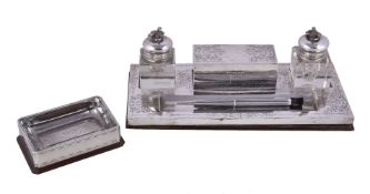 An Italian silver coloured mounted rectangular inkstand, stamped 800 only, circa 1920, the two glass