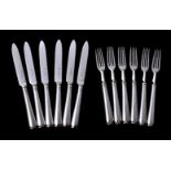 A set of six silver old English pattern fruit knives and forks by The Goldsmiths & Silversmiths