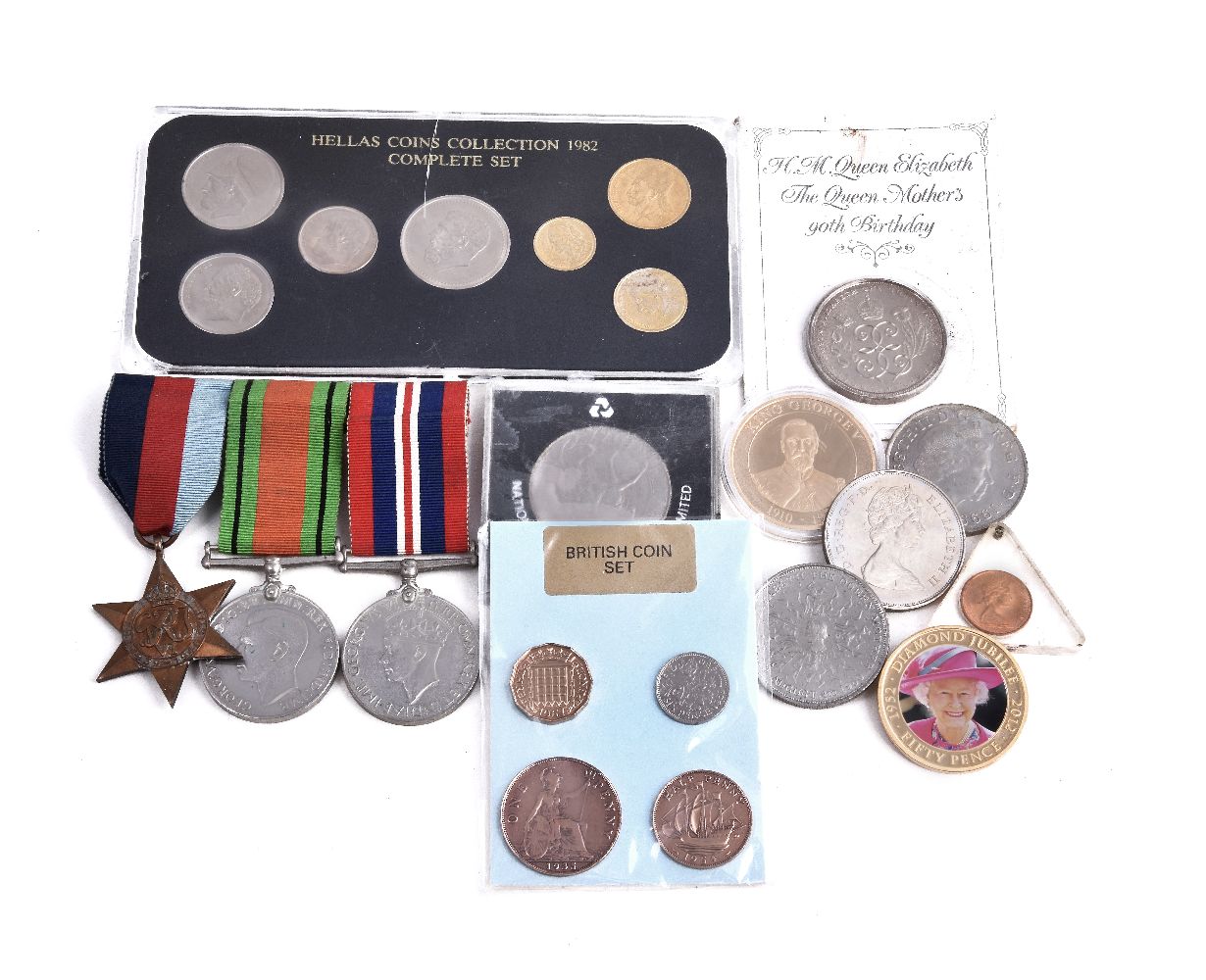 Second World War trio, 1939-45 Star, Defence Medal, War Medal, Greek currency set 1982, sundry