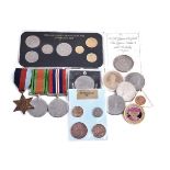 Second World War trio, 1939-45 Star, Defence Medal, War Medal, Greek currency set 1982, sundry