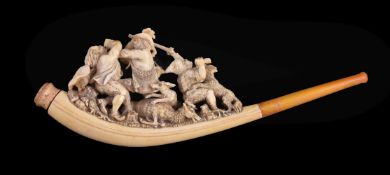 A meerschaum cheroot pipe, late 19th century, carving with a two hunters battling over the kill,