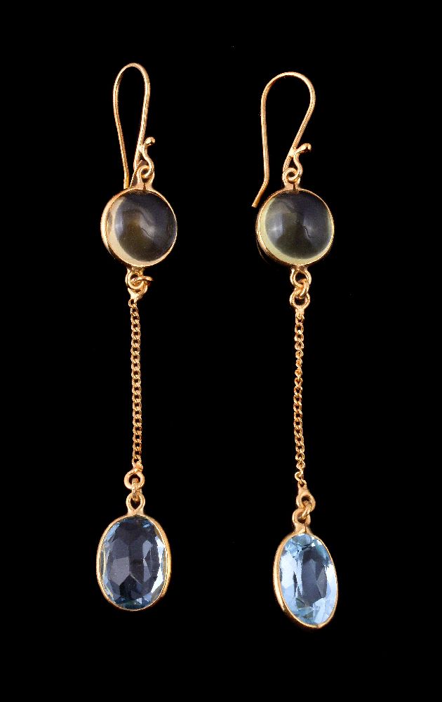 A pair of citrine and aquamarine ear pendants, the oval cut aquamarine suspended below a circular