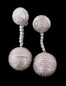 A pair of diamond ear pendants, the sphere set throughout with brilliant cut diamonds, suspended