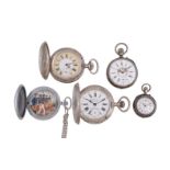 A collection of five white metal pocket watches