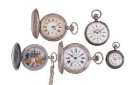 A collection of five white metal pocket watches